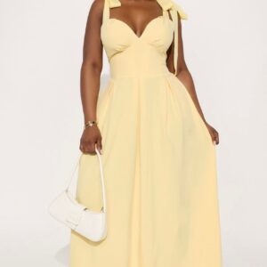 robe longue jaune effet corset à nœuds sur les épaules